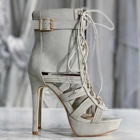 Shoe Dazzle Shoes - Grey Lace Up Heel Boots -Tonda